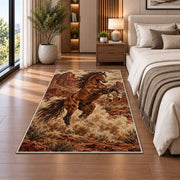 Wild mustang rug in a bedroom beside the bed