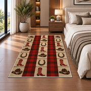 Cowboy plaid check rug in a bedroom beside the bed