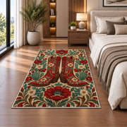 Embroidered red boots rug in a bedroom beside the bed