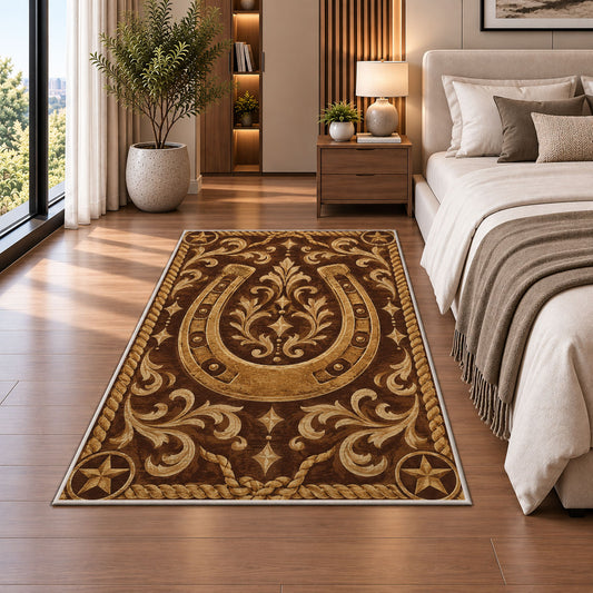 Tooled leather horseshoe rug in a bedroom beside the bed