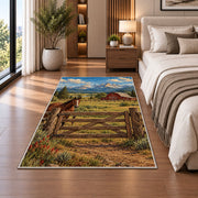 Ranch gate and barn rug in a bedroom beside the bed