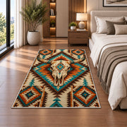 Longhorn Aztec rug in a bedroom beside the bed