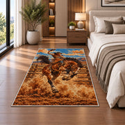 Rodeo bronc rider rug in a bedroom beside the bed