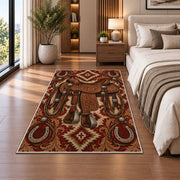 Tooled saddle rug in a bedroom beside the bed