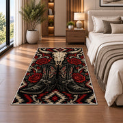Western gothic boots rug in a bedroom beside the bed