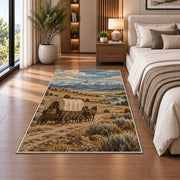 Covered wagon prairie rug in a bedroom beside the bed