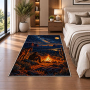 Cowboy campfire rug in a bedroom beside the bed
