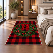 Buffalo Plaid Christmas Wreath rug in a bedroom beside the bed
