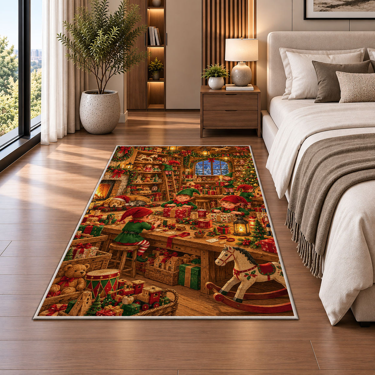 Santa's Workshop Elves rug in a bedroom beside the bed