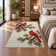 Winter Cardinals on Pine rug in a bedroom beside the bed