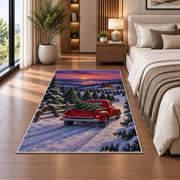 Christmas Tree Farm Red Truck rug in a bedroom beside the bed