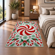 Peppermint Candy Swirl rug in a bedroom beside the bed