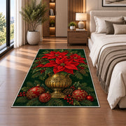Poinsettia Brass Pot rug in a bedroom beside the bed