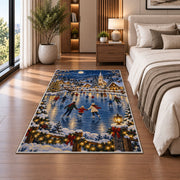 Village Ice Skating Night rug in a bedroom beside the bed
