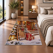 Wooden Sled Snowy Porch rug in a bedroom beside the bed