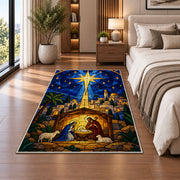 Bethlehem Star Stained Glass rug in a bedroom beside the bed