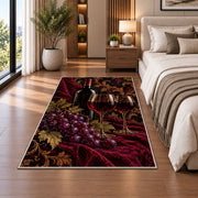 red wine and grapes rug in a bedroom beside the bed