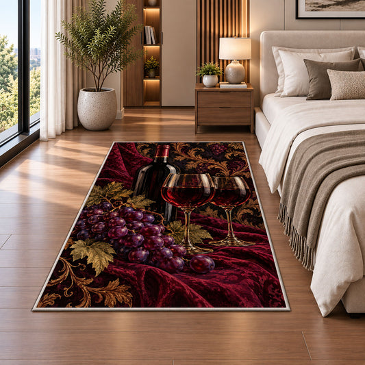 red wine and grapes rug in a bedroom beside the bed