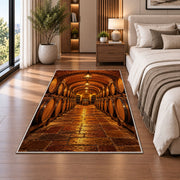wine cellar barrels rug in a bedroom beside the bed