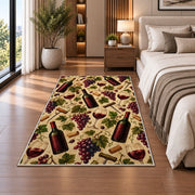 wine pattern rug in a bedroom beside the bed