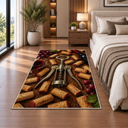 corkscrew and wine corks rug in a bedroom beside the bed