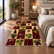 checkered wine rug in a bedroom beside the bed