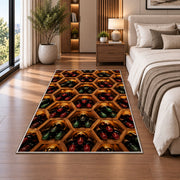 honeycomb wine rack rug in a bedroom beside the bed