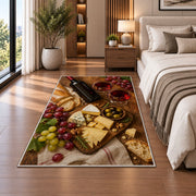 wine and cheese board rug in a bedroom beside the bed