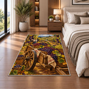 grape harvest rug in a bedroom beside the bed