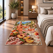 rose wine summer rug in a bedroom beside the bed