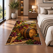 oak wine barrel rug in a bedroom beside the bed
