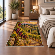 tuscany vineyard rug in a bedroom beside the bed