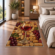 wine cork mosaic rug in a bedroom beside the bed