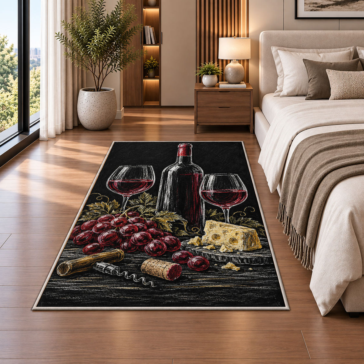 dark slate wine still life rug in a bedroom beside the bed