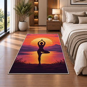 tree pose yoga sunset rug in a bedroom beside the bed