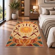 sun salutation yoga rug in a bedroom beside the bed