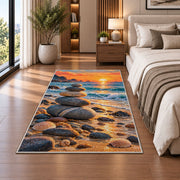 balanced stones beach rug in a bedroom beside the bed