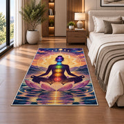 chakra meditation rug in a bedroom beside the bed