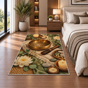 singing bowl meditation rug in a bedroom beside the bed
