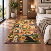 cats doing yoga rug in a bedroom beside the bed