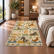 dogs doing yoga rug in a bedroom beside the bed
