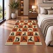 yoga poses checkered rug in a bedroom beside the bed