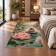 zen stones and lotus rug in a bedroom beside the bed