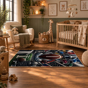 gridiron tunnel football design area rug displayed in a nursery