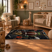 football gear championship collage area rug displayed in a nursery