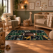 green gridiron jersey design area rug displayed in a nursery