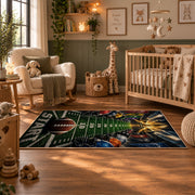 football field goal line scene area rug displayed in a nursery