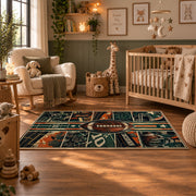 vintage football grid collage area rug displayed in a nursery