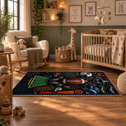 football equipment playbook collage area rug displayed in a nursery