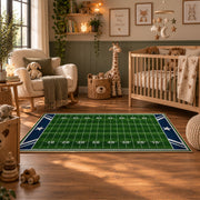 minimal green football field area rug displayed in a nursery
